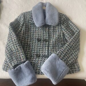 Halogen blue/multi color wool blend jacket with removable fur cuffs